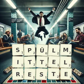 Kreative Illustration für ein Scrabble-Spiel, bei dem das Wort SPÜLMITTELRESTE mit Steinen auf dem Brett gelegt wurde.