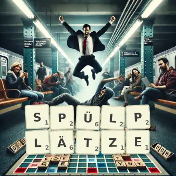 Kreative Illustration für ein Scrabble-Spiel, bei dem das Wort SPÜLPLÄTZE mit Steinen auf dem Brett gelegt wurde.