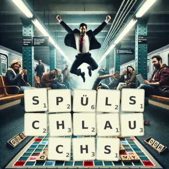 Kreative Illustration für ein Scrabble-Spiel, bei dem das Wort SPÜLSCHLAUCHS mit Steinen auf dem Brett gelegt wurde.