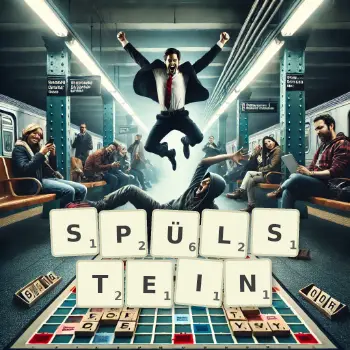 Kreative Illustration für ein Scrabble-Spiel, bei dem das Wort SPÜLSTEIN mit Steinen auf dem Brett gelegt wurde.