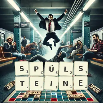 Kreative Illustration für ein Scrabble-Spiel, bei dem das Wort SPÜLSTEINE mit Steinen auf dem Brett gelegt wurde.