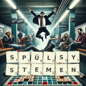 Kreative Illustration für ein Scrabble-Spiel, bei dem das Wort SPÜLSYSTEMEN mit Steinen auf dem Brett gelegt wurde.