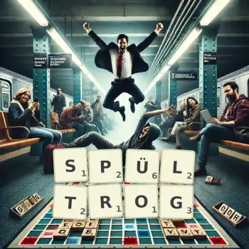 Kreative Illustration für ein Scrabble-Spiel, bei dem das Wort SPÜLTROG mit Steinen auf dem Brett gelegt wurde.