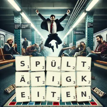 Kreative Illustration für ein Scrabble-Spiel, bei dem das Wort SPÜLTÄTIGKEITEN mit Steinen auf dem Brett gelegt wurde.