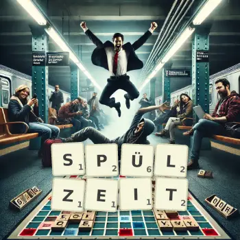 Kreative Illustration für ein Scrabble-Spiel, bei dem das Wort SPÜLZEIT mit Steinen auf dem Brett gelegt wurde.