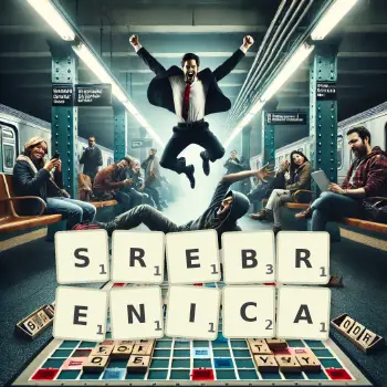 Kreative Illustration für ein Scrabble-Spiel, bei dem das Wort SREBRENICA mit Steinen auf dem Brett gelegt wurde.