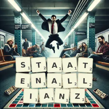 Kreative Illustration für ein Scrabble-Spiel, bei dem das Wort STAATENALLIANZ mit Steinen auf dem Brett gelegt wurde.
