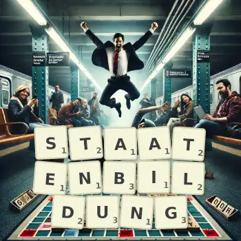 Kreative Illustration für ein Scrabble-Spiel, bei dem das Wort STAATENBILDUNG mit Steinen auf dem Brett gelegt wurde.