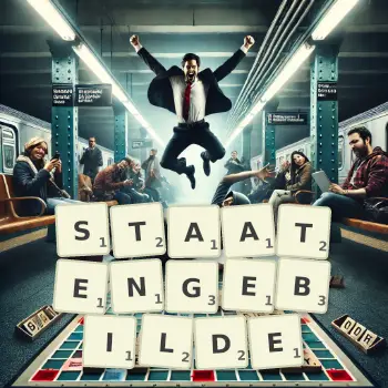 Kreative Illustration für ein Scrabble-Spiel, bei dem das Wort STAATENGEBILDE mit Steinen auf dem Brett gelegt wurde.