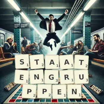 Kreative Illustration für ein Scrabble-Spiel, bei dem das Wort STAATENGRUPPEN mit Steinen auf dem Brett gelegt wurde.