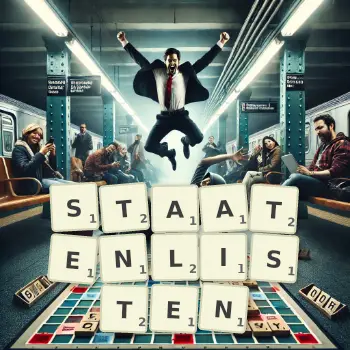 Kreative Illustration für ein Scrabble-Spiel, bei dem das Wort STAATENLISTEN mit Steinen auf dem Brett gelegt wurde.