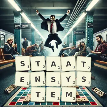 Kreative Illustration für ein Scrabble-Spiel, bei dem das Wort STAATENSYSTEM mit Steinen auf dem Brett gelegt wurde.