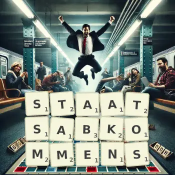 Kreative Illustration für ein Scrabble-Spiel, bei dem das Wort STAATSABKOMMENS mit Steinen auf dem Brett gelegt wurde.