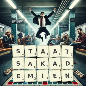 Kreative Illustration für ein Scrabble-Spiel, bei dem das Wort STAATSAKADEMIEN mit Steinen auf dem Brett gelegt wurde.