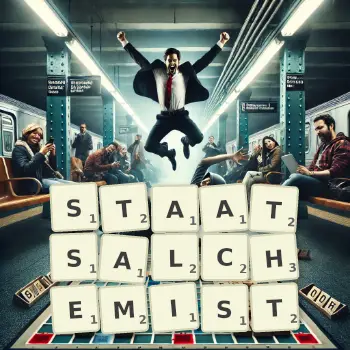 Kreative Illustration für ein Scrabble-Spiel, bei dem das Wort STAATSALCHEMIST mit Steinen auf dem Brett gelegt wurde.