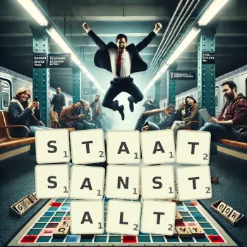 Kreative Illustration für ein Scrabble-Spiel, bei dem das Wort STAATSANSTALT mit Steinen auf dem Brett gelegt wurde.