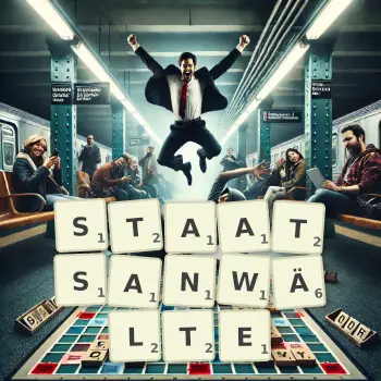 Kreative Illustration für ein Scrabble-Spiel, bei dem das Wort STAATSANWÄLTE mit Steinen auf dem Brett gelegt wurde.