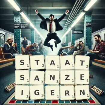Kreative Illustration für ein Scrabble-Spiel, bei dem das Wort STAATSANZEIGERN mit Steinen auf dem Brett gelegt wurde.
