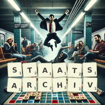 Kreative Illustration für ein Scrabble-Spiel, bei dem das Wort STAATSARCHIV mit Steinen auf dem Brett gelegt wurde.