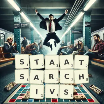 Kreative Illustration für ein Scrabble-Spiel, bei dem das Wort STAATSARCHIVS mit Steinen auf dem Brett gelegt wurde.