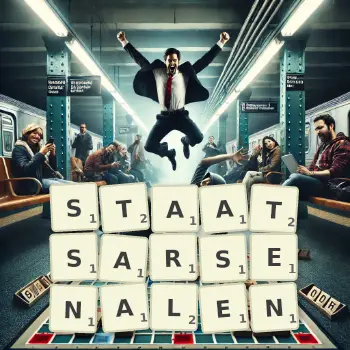 Kreative Illustration für ein Scrabble-Spiel, bei dem das Wort STAATSARSENALEN mit Steinen auf dem Brett gelegt wurde.
