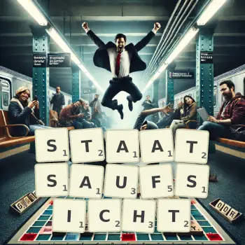 Kreative Illustration für ein Scrabble-Spiel, bei dem das Wort STAATSAUFSICHT mit Steinen auf dem Brett gelegt wurde.