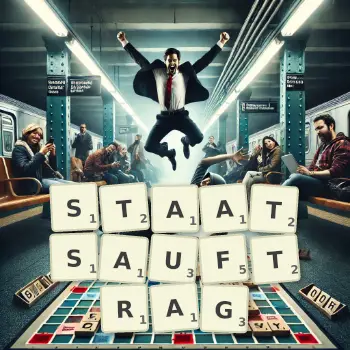 Kreative Illustration für ein Scrabble-Spiel, bei dem das Wort STAATSAUFTRAG mit Steinen auf dem Brett gelegt wurde.