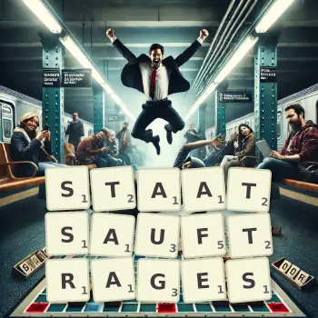 Kreative Illustration für ein Scrabble-Spiel, bei dem das Wort STAATSAUFTRAGES mit Steinen auf dem Brett gelegt wurde.