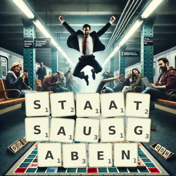 Kreative Illustration für ein Scrabble-Spiel, bei dem das Wort STAATSAUSGABEN mit Steinen auf dem Brett gelegt wurde.