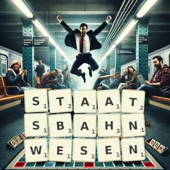 Kreative Illustration für ein Scrabble-Spiel, bei dem das Wort STAATSBAHNWESEN mit Steinen auf dem Brett gelegt wurde.