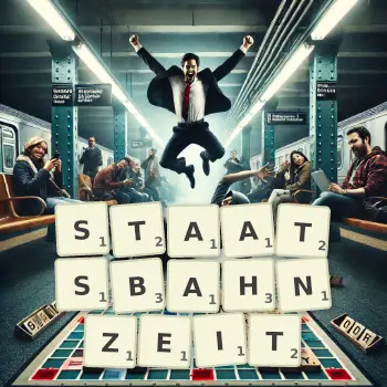 Kreative Illustration für ein Scrabble-Spiel, bei dem das Wort STAATSBAHNZEIT mit Steinen auf dem Brett gelegt wurde.