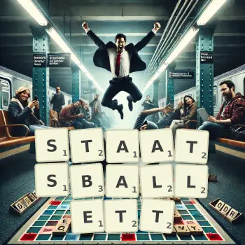 Kreative Illustration für ein Scrabble-Spiel, bei dem das Wort STAATSBALLETT mit Steinen auf dem Brett gelegt wurde.