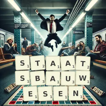 Kreative Illustration für ein Scrabble-Spiel, bei dem das Wort STAATSBAUWESEN mit Steinen auf dem Brett gelegt wurde.