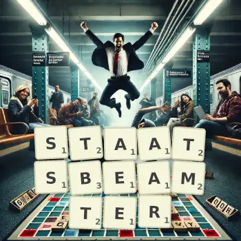 Kreative Illustration für ein Scrabble-Spiel, bei dem das Wort STAATSBEAMTER mit Steinen auf dem Brett gelegt wurde.