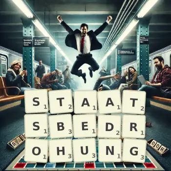 Kreative Illustration für ein Scrabble-Spiel, bei dem das Wort STAATSBEDROHUNG mit Steinen auf dem Brett gelegt wurde.
