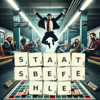 Kreative Illustration für ein Scrabble-Spiel, bei dem das Wort STAATSBEFEHLE mit Steinen auf dem Brett gelegt wurde.