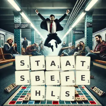 Kreative Illustration für ein Scrabble-Spiel, bei dem das Wort STAATSBEFEHLS mit Steinen auf dem Brett gelegt wurde.