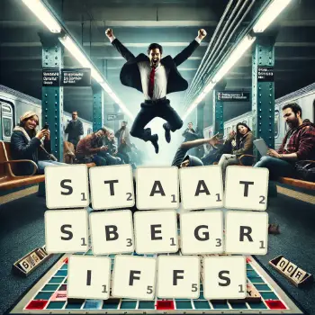 Kreative Illustration für ein Scrabble-Spiel, bei dem das Wort STAATSBEGRIFFS mit Steinen auf dem Brett gelegt wurde.