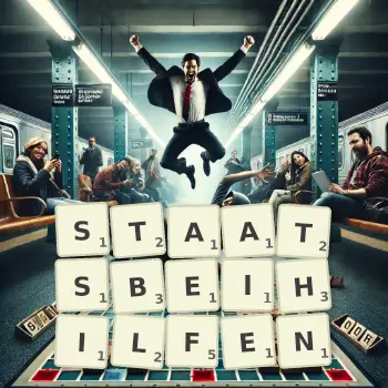 Kreative Illustration für ein Scrabble-Spiel, bei dem das Wort STAATSBEIHILFEN mit Steinen auf dem Brett gelegt wurde.