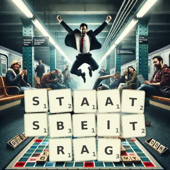Kreative Illustration für ein Scrabble-Spiel, bei dem das Wort STAATSBEITRAG mit Steinen auf dem Brett gelegt wurde.