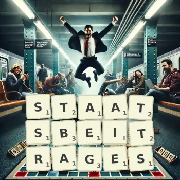 Kreative Illustration für ein Scrabble-Spiel, bei dem das Wort STAATSBEITRAGES mit Steinen auf dem Brett gelegt wurde.