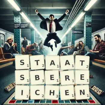 Kreative Illustration für ein Scrabble-Spiel, bei dem das Wort STAATSBEREICHEN mit Steinen auf dem Brett gelegt wurde.
