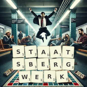 Kreative Illustration für ein Scrabble-Spiel, bei dem das Wort STAATSBERGWERK mit Steinen auf dem Brett gelegt wurde.