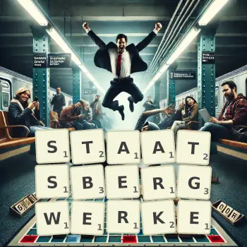 Kreative Illustration für ein Scrabble-Spiel, bei dem das Wort STAATSBERGWERKE mit Steinen auf dem Brett gelegt wurde.