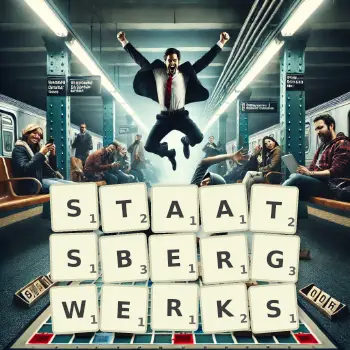 Kreative Illustration für ein Scrabble-Spiel, bei dem das Wort STAATSBERGWERKS mit Steinen auf dem Brett gelegt wurde.