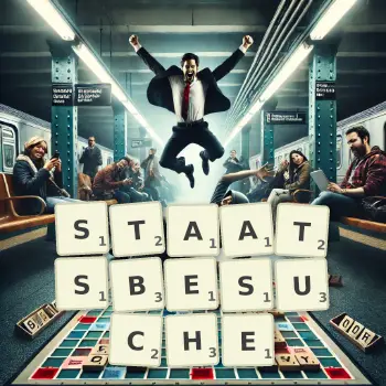 Kreative Illustration für ein Scrabble-Spiel, bei dem das Wort STAATSBESUCHE mit Steinen auf dem Brett gelegt wurde.