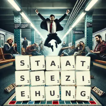 Kreative Illustration für ein Scrabble-Spiel, bei dem das Wort STAATSBEZIEHUNG mit Steinen auf dem Brett gelegt wurde.