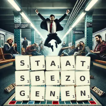 Kreative Illustration für ein Scrabble-Spiel, bei dem das Wort STAATSBEZOGENEN mit Steinen auf dem Brett gelegt wurde.