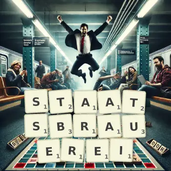 Kreative Illustration für ein Scrabble-Spiel, bei dem das Wort STAATSBRAUEREI mit Steinen auf dem Brett gelegt wurde.