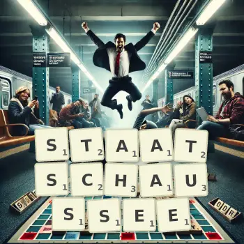 Kreative Illustration für ein Scrabble-Spiel, bei dem das Wort STAATSCHAUSSEE mit Steinen auf dem Brett gelegt wurde.